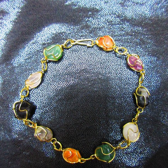 Chakra Gemstone Gold Wire Wrapped Nugget Bracelet Healing Semi Precious Natural - Picture 1 of 5